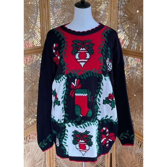 Vintage Holiday Time Acrylic Knit Red Black White Festive Christmas Sweater L - Picture 6 of 6